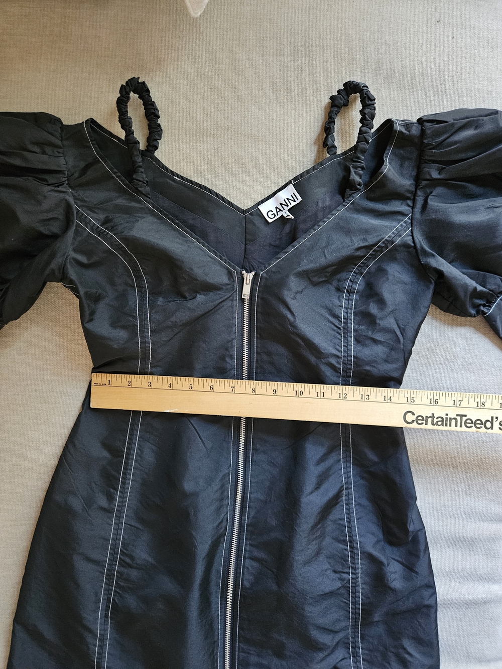 Ganni Puff-Sleeve Zip-Front Mini Dress in Black - Picture 8 of 12